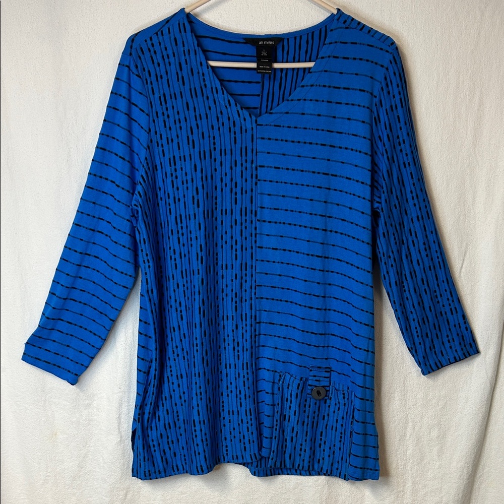Ali Miles Women's Long Sleeve Blue Black Patterned v Neck Tunic Top Size L